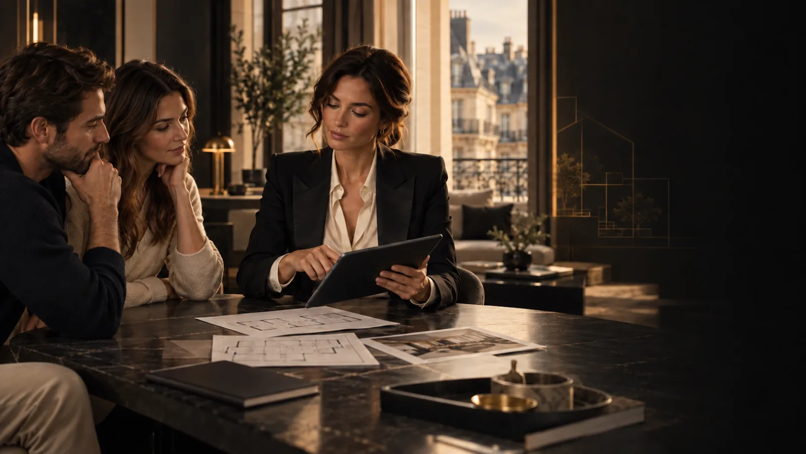 Agente présentant des plans et une tablette à un couple assis à une table, avec vue sur les toits parisiens.