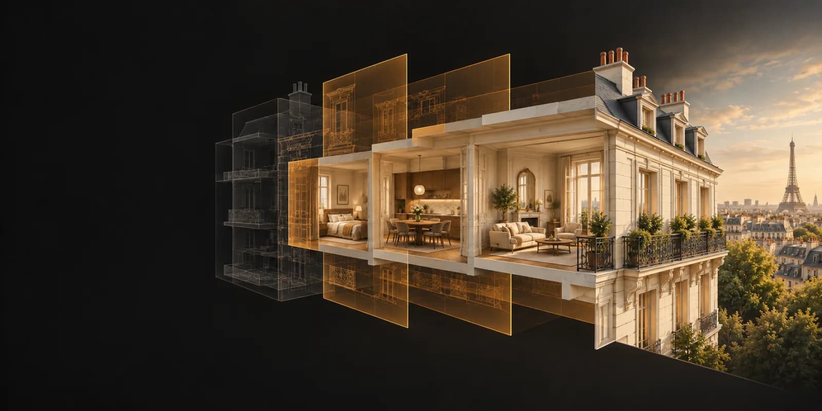 Vue en coupe conceptuelle d'un appartement parisien avec la tour Eiffel à l'arrière-plan, au coucher du soleil.