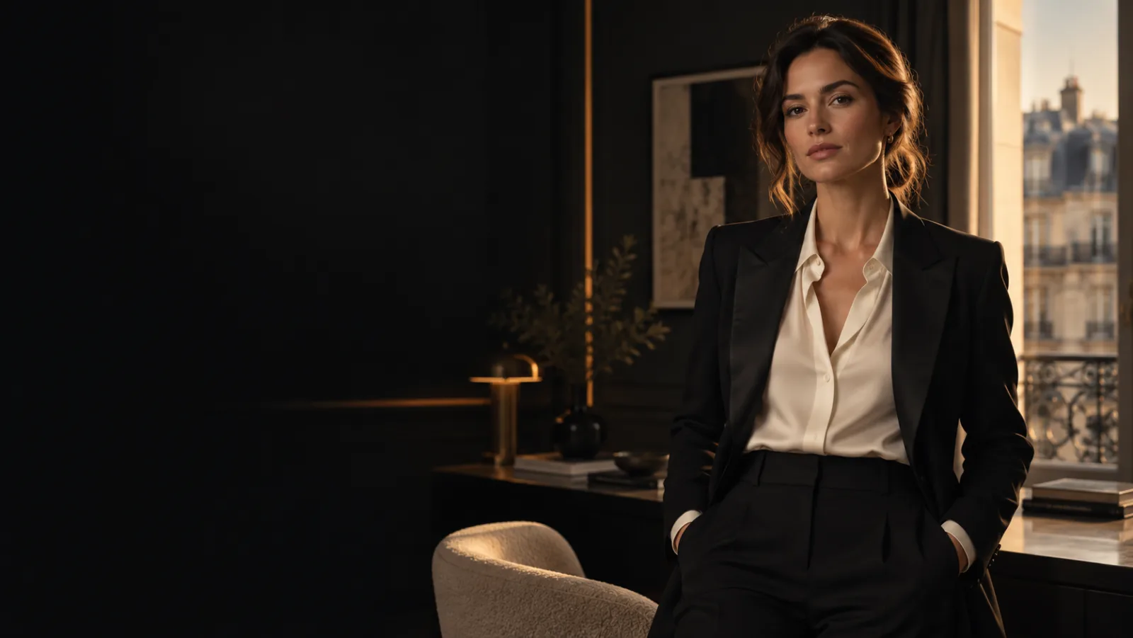 Agente immobilière dans un bureau parisien, avec vue sur les toits de la ville.
