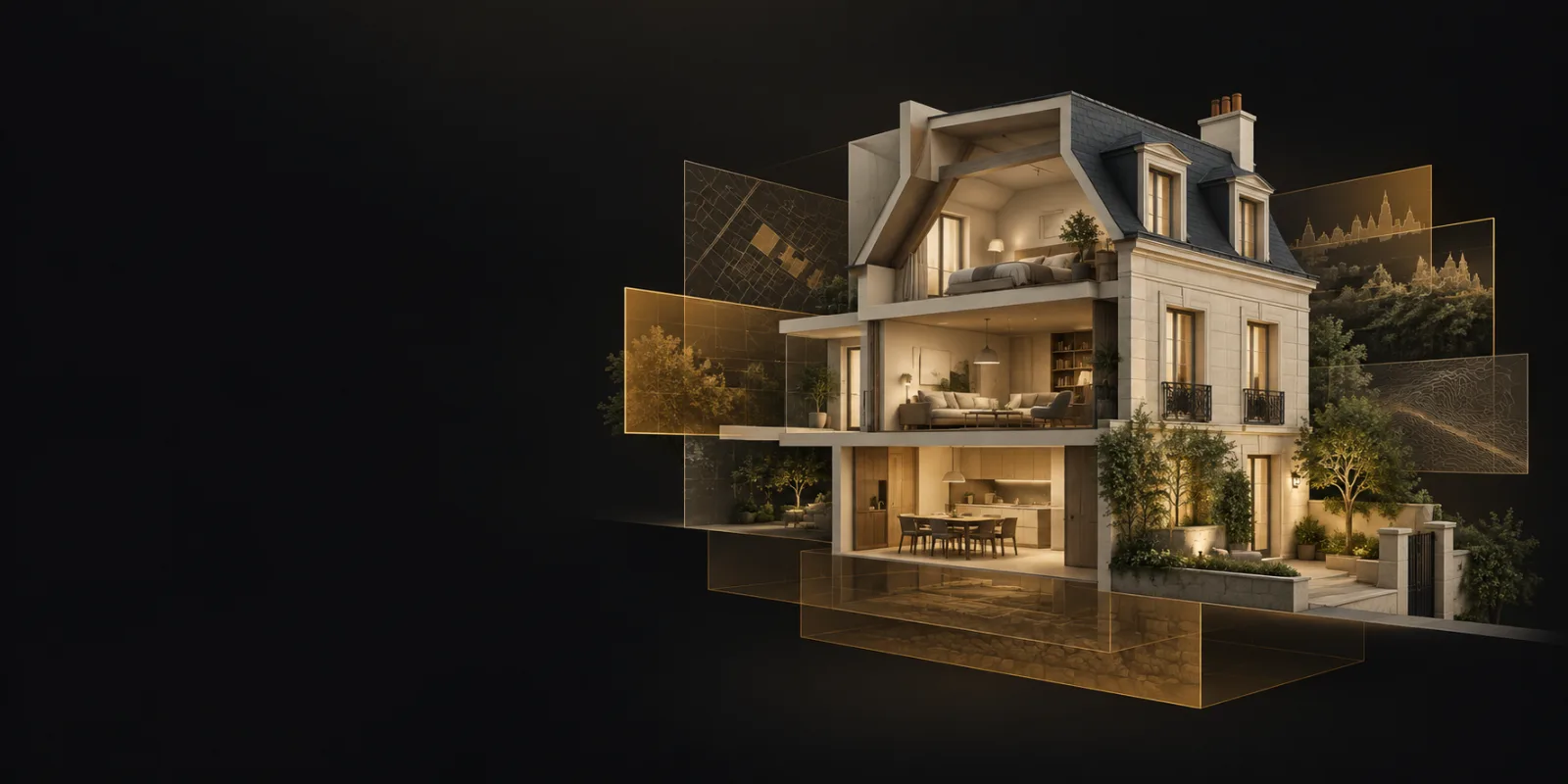 Vue en coupe conceptuelle d'un immeuble parisien avec des plans de données superposés (carte, relief, silhouette urbaine).