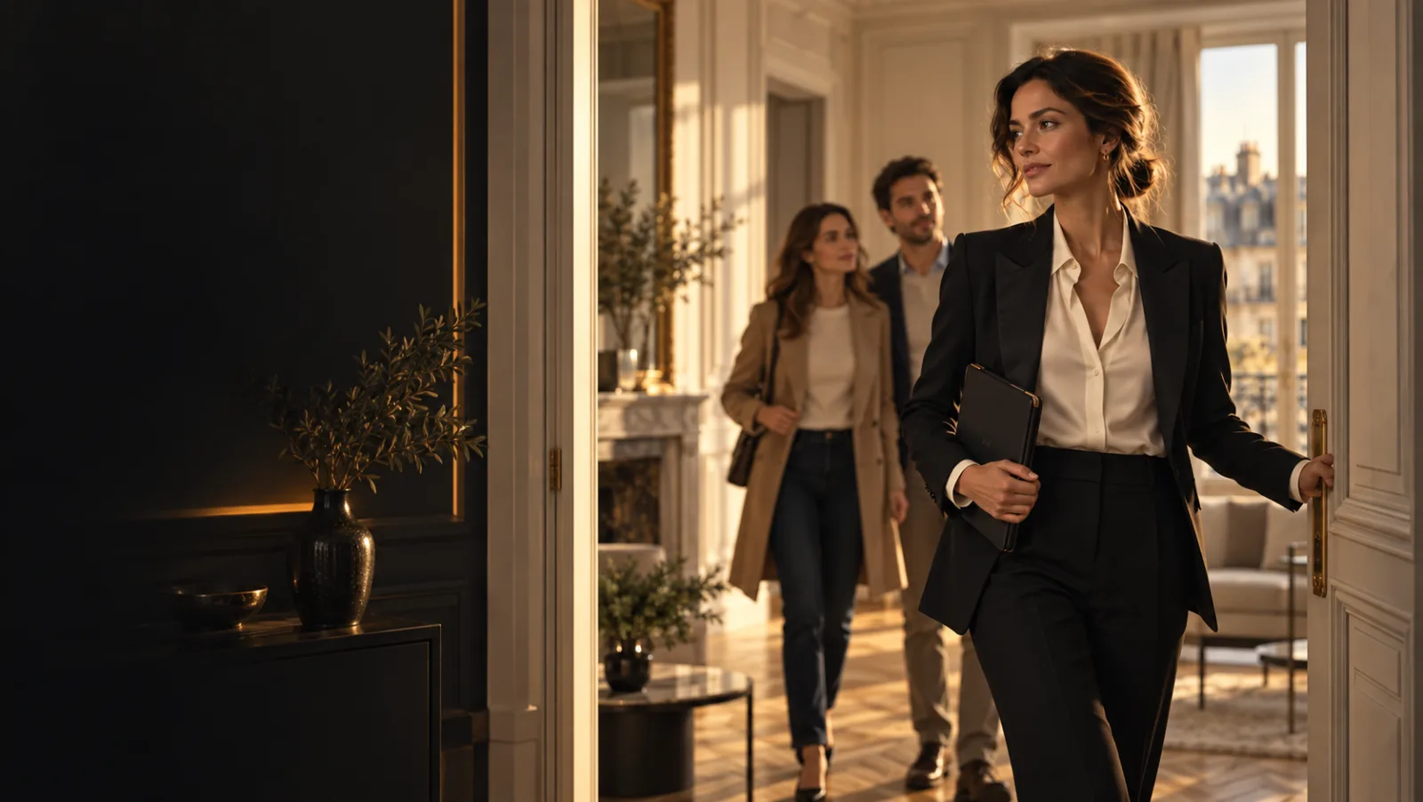 Agente ouvrant la porte d'un appartement lumineux pour un couple, lors d'une visite guidée.
