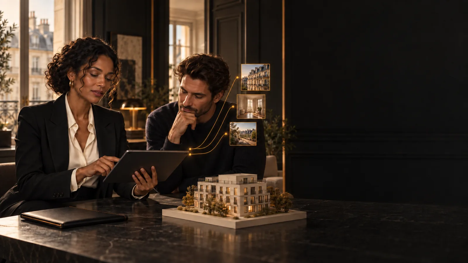 Le même agent travaillant avec une professionnelle et une tablette, biens reliés visuellement à côté d'une maquette d'immeuble.